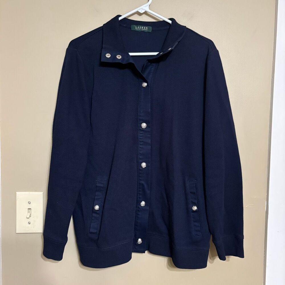 Lauren Ralph Lauren Women Navy Blue Snap Down Mock Neck Sweater Jacket Large/XL